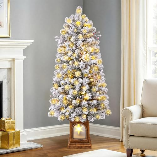 SHareconn 5FT Potted Pre Lit Snow Flocked Pencil Christmas Tree, Slim Xmas Tree with 160 Warm White Lights, 8 Light Modes, 305 Branch Tips, with 14 pine cones and berries for Home and Office Decor