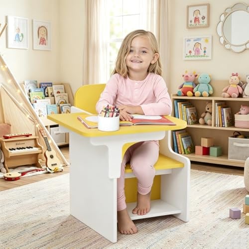 Rainbow Tree Kids Table and Chairs with Storage, Wooden Toddler Table and Chairs Sets 2 in 1 Children Chair Desk with Small Table for Study Activity Indoor or Outdoor Use (Yellow+White)