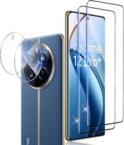 Xunzii 3D Protector de Pantalla para Realme 12 Pro/12 Pro Plus/12 Pro+ 5G y Protector Lente Cámara [2+2 Piezas], Vidrio Cristal Templado Antiarañazos, Sin Burbujas, Dureza 9H, 0.33 mm HD Transparente