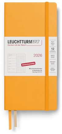 LEUCHTTURM1917 372876 Wochenkalender & Notizbuch Dotted Wallet (B6+ x A6) 2026, 12 Monate, Rising Sun, Deutsch