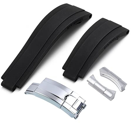 BAHDB 20 mm 21 mm für Rolex-Uhrenarmband aus Gummi mit silberner Schnalle und Bogengelenken(Black,21mm)