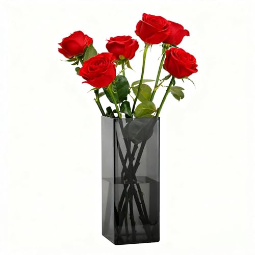 Koelaa Vase, Acryl Quadratische Grau Transparente Vase, Bruchsichere Kunststoff-Quadratvase für Blumenarrangements, Hochzeits-Mittelstücke, Heimwerken und Tischdeko zur Einweihungsparty - 12 × 25 cm