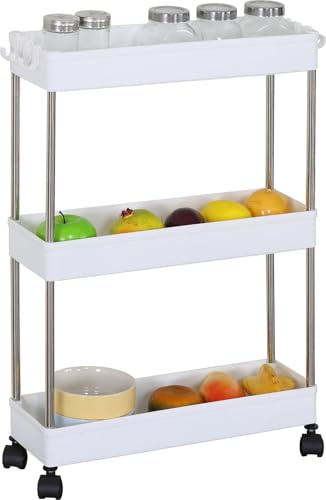 CELINO making your day 3-Tier Storage Trolley Cart Slide-out Slim Rolling Utility Cart Mobile Storage Shelving Organizer for Kitchen, Bathroom, Laundry Room, Bedroom, Narrow Places, Plastic, White