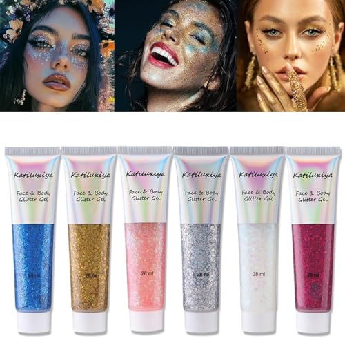 Katiluxiya 6 Face Body Glitter Gel, Sequins Chunky Liquid Mermaid Sequins Chunky Liquid, Face & Body & Eye & Lip Festival Holographic Glitter for Party. (6PCS)