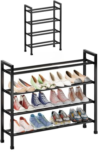 4 Tier Expandable Shoe Rack, Adjustable Metal Shoe Storage Organizer | for Closet, Free Standing Shoe Rack Storage for Entryway, Garages, Hallway,Bedrooms (Black)