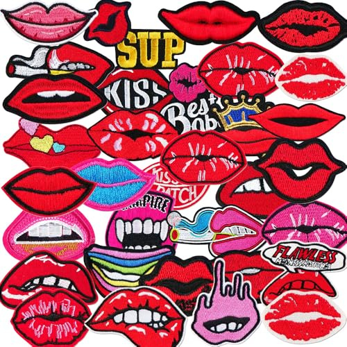 33 PCS Mouth Embroidered Patches Pink Lips Stickers Iron on Sew on Applique Patches for Coat Hat Pants Clothes Uniforms Jeans Bags Jackets DIY Decoration Backpacks