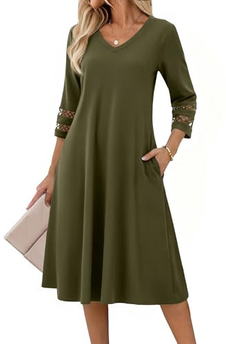 Zeagoo Robe d'été élégante pour femme - Manches 3/4 - Manches mi-longues - Manches en dentelle - Robe tunique trapèze avec poches - Col en V - Robe chemisier de loisirs, vert, L