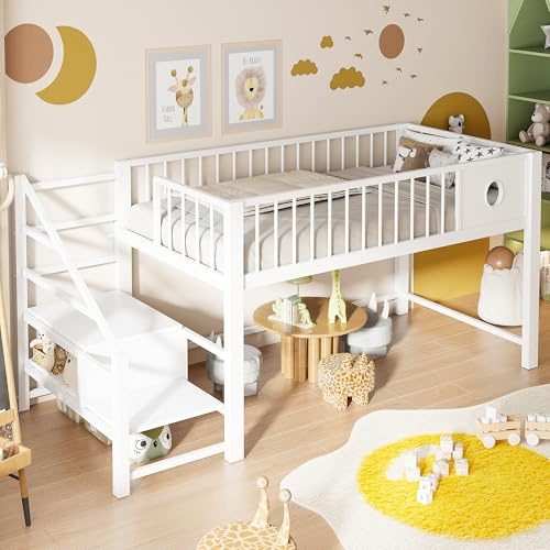 Xwiny Niedriges Hochbett Kinderbett 90x200 cm, Stauraumbett mit Aufbewahrungsleiter, Stabilem Metallrahmen, Geeignet für Kinder und Jugendliche, Weiß(Ohne Matratze)