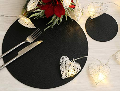 The Dapper House Set of 8 Classic Black Leatherboard Round Placemats and 8 Coasters -Made in UK