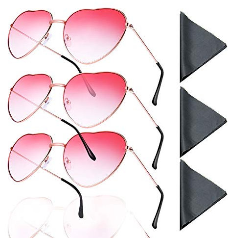 BHAHAI 3 PCS Heart Shaped Sunglasses, Hippie Glasses Rose Gold Frame Sunglasses Pink Lens Retro Sunglasses Festival gradient sunglasses with 3 PCS Cleaning Cloth for Womens Ladies Girls Cosplay