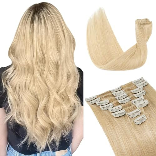 TESS Clip in Extensions Echthaar, 8pcs Clip in Haarverlängerung Remy Echt Haare Natürliche 18 Clips 8 Tressen Clip in Extensions Human Hair 60g 35 cm Mittele blond