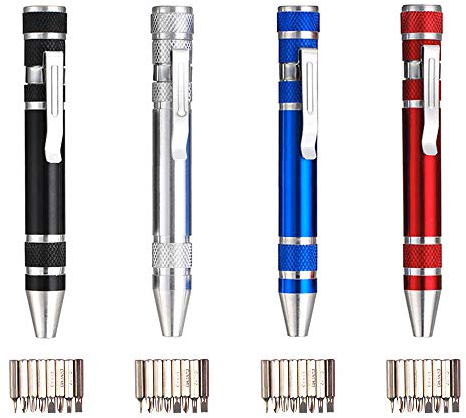 Huture 4PCS Juego de Destornilladores de Precisión 8 en 1 Diseño de Bolígrafo 4X Cruz y 4X Ranura Mini Kit de Herramientas de Reparación para PC Gafas Relojes Celular Portátil Rojo Azul Plata Negro