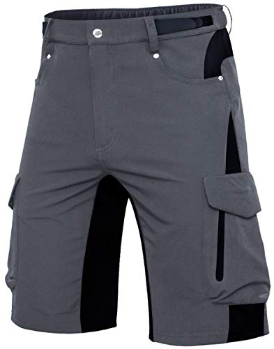 Cycorld Kurze Hosen Herren Atmungsaktiv Cargo Shorts Wasserabweisend Wanderhose Cargohose MTB Hose Herren Kurz mit 6 Taschen Bermuda Treking Sport Outdoorhose Stretch Sommer(Grau Ohne Pads, 3XL)
