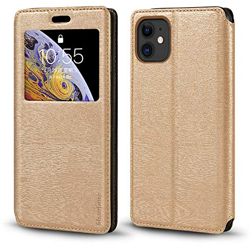 Coque à Rabat en Cuir PU avec Fenêtre Visible et Aimant Invisible Compatible avec iPhone 11 6.1, Étui Intelligent à Affichage Clair (Or)