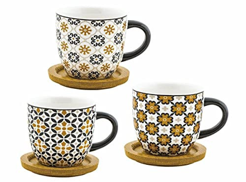 Villa Altachiara Set 6 Tazze da Caffè con Piattino in Porcellana New Bone China, Design Naturale con Decori Alveare, Ideale per Colazione e Tè