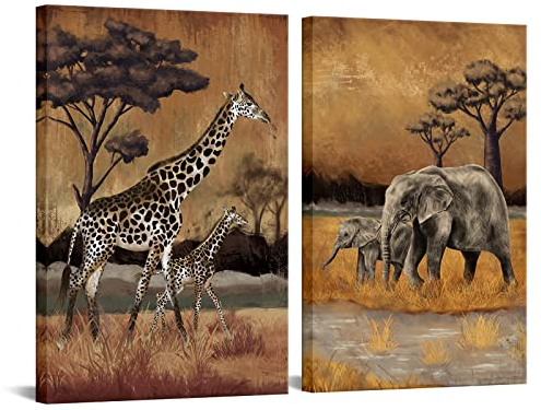 FuShvre Afrika Tierbilder Wandkunst 2 Stück Mama und Baby Giraffe Elefant Gemälde Vintage Safari Wildlife Kunstwerk für Zuhause Schlafzimmer Wohnzimmer Dekor