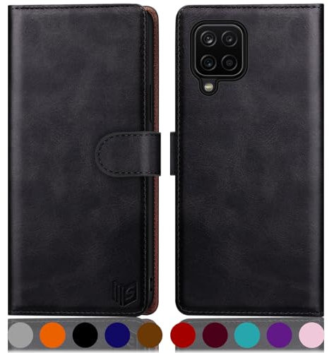 SUANPOT for Samsung Galaxy A12/M12 case with [Credit Card Holder][RFID Blocking],PU Leather Flip Book Protective Cover Women Men for Samsung A12 Phone case Black