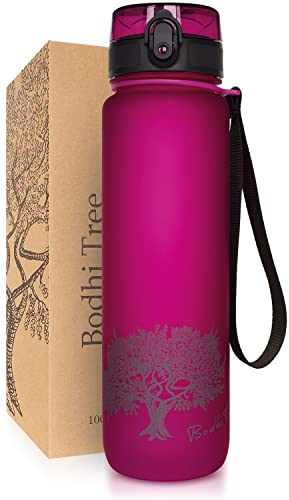 Bodhi Tree Trinkflasche 1L, hygienischer Deckel mit Sicherheitsclip, leichte langlebige Sportflasche, 1-Klick-Öffnung, umweltfreundlich, geschmacksneutral, ideal für Outdoor, Fuchsie