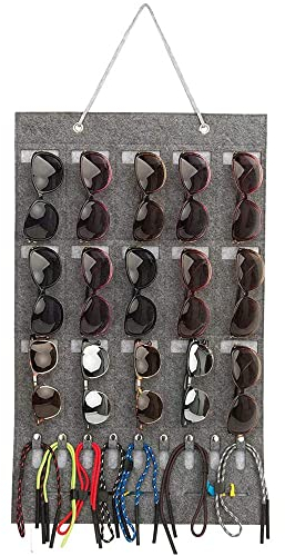 BBrillen Display Hängende, Sonnenbrille Organizer, Aufbewahrung Sonnenbrillenhalter, Filzmaterial,15 Steckplätze, Multifunktionsschnallen, Kartenfächer, für Sonnenbrillen (Lgrau)