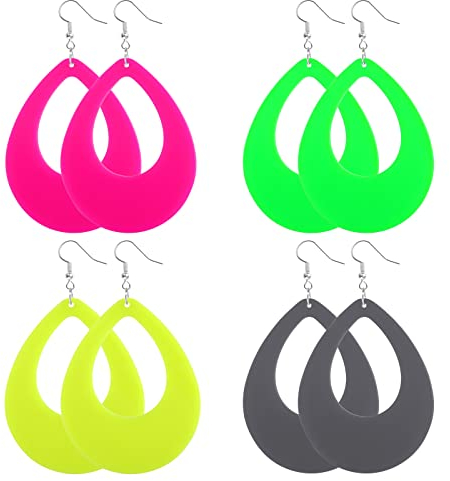 4 Paar Neon Ohrringe 80er Damen Acryl Ohrringe Rot Grün Bunt Vintage Disc Bunte Creolen Leichte Creolen Bonbonfarbene Ohrringe Modeschmuck für 80er 70er Jahre Party Vintage Kleidung Accessoires