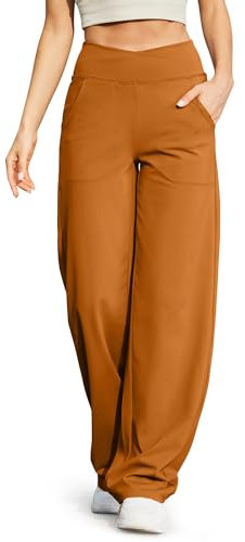 G4Free Yogahose Damen Lang Weite Jogginghose Hohe Taille Crossover Elegant Straighthose Bauchkontrolle Schlaghose Sporthose mit Taschen(Brown Sugar,M,31)