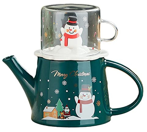 YBK Tech Christmas Series Tea for One Set, 15.5oz Ceramic Teapot and 7.5oz Glass Cup, Snowman Pattern (Green)