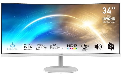 MSI Pro MP341CQW Écran Bureautique Incurvé 34 UWQHD - Dalle VA 1500R, 3440x1440, 100Hz, Confort Oculaire, Contraste 3000:1, 21:9, Haut-Parleurs Intégrés, DP 1.2a, HDMI 2.0b - Blanc