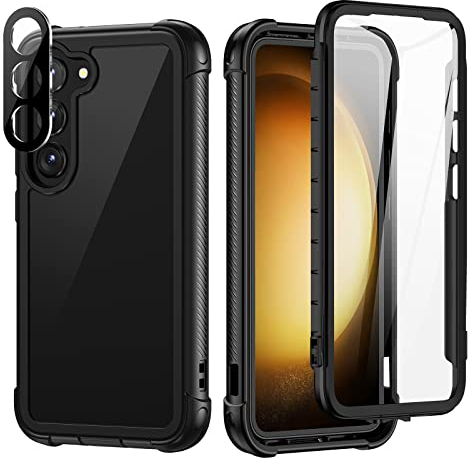 seacosmo für Samsung Galaxy S23 Hülle mit Eingebautem Displayschutz und 9H Kamera Schutzfolie, 360 Grad vollschutz Handyhülle S23 5G Stoßfest Rugged Case, Schwarz