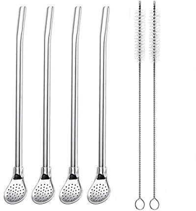4pcs Métal Bombilla pour Yerba Mate & Boire, pailles réutilisables en acier inoxydable avec cuillère filtrante Réutilisable Paille Acier Inoxydable Cuillère Filtrée avec 2 brosses de nettoyage
