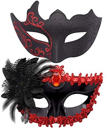 SIQUK 2 Stück Venezianischen Masquerade Maske Paar Maskerade Masken Damen Herren Venezianischen Maske für Halloween Karneval Party Kostüm, Schwarz & Rot