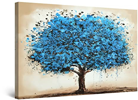 Startonight Impression sur Toile Lumineux - Tableau Beige Arbre Turquoise - Grande Tableau Decoration Murale Prêt à Accrocher Arbres Peinture Moderne 60 x 90 cm Idée Cadeau Élégante et Originale