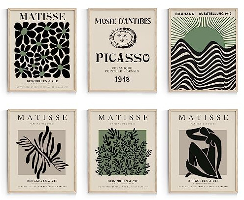 Habseligkeit Green Matisse Poster für Zimmer, minimalistische abstrakte Linie, Wandposter, Retro-Raumdekoration, ästhetische Vintage-Drucke für Wanddekoration, ungerahmt, 20,3 x 25,4 cm, 6 Stück