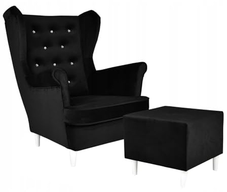 Family Meble Ohrensessel mit Hocker, Modell Diana, Skandinavisch, Relaxsessel aus Webstoff, Loungesessel, Ohrensessel mit Hocker, Bequemer Sessel, Für Wohnzimmer, Esszimmer, Schlafzimmer, Schwarz