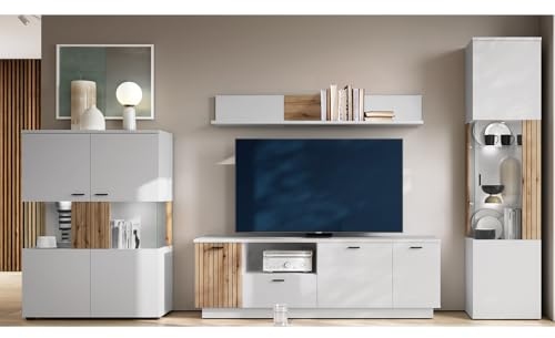 Wohnwand Wohnmöbel Set grau mit Eiche 4-teilig modern, 1 Lowboard, 1 Wandboard, 1 Vitrine, 1 Highboard inkl. Beleuchtung
