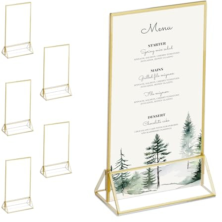 Relaxdays Tischaufsteller 6er Set, Thekenaufsteller DIN A6, Hochzeit, für Menükarten und Fotos, Acryl, transparent/Gold