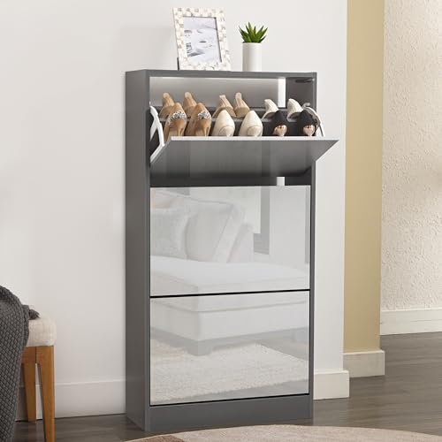 High Gloss Storage Cabinet with 3 Drawer Shoe Storage Organiser Pull Down 3 Tier Shoes Cupboards for Hallways Narrow Cabinet for Entryway Slim Shoe Rack, 60W x 24D x 112 cm