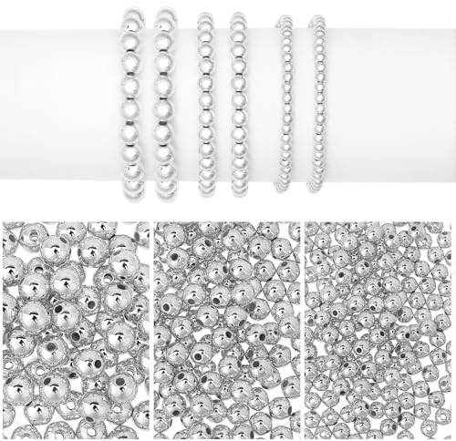 1200 Stück Silber Perlen zum Auffädeln Abstandshalter Perlen Kleine Abstandsperlen 4/6/8 mm Glatte Runde Perlen Lose Spacer Beads Nahtlose Kugelperlen für DIY Armband Halskette Schmuck Herstellung