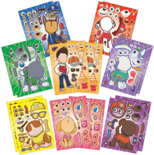 16 Sheets Paw Team DIY Stickers for Kids,Make Your Own Personalized Cartoon Stickers for Kids,Match Make a Face Art Crafts Suitable for Birthday Party Supplies Gifts