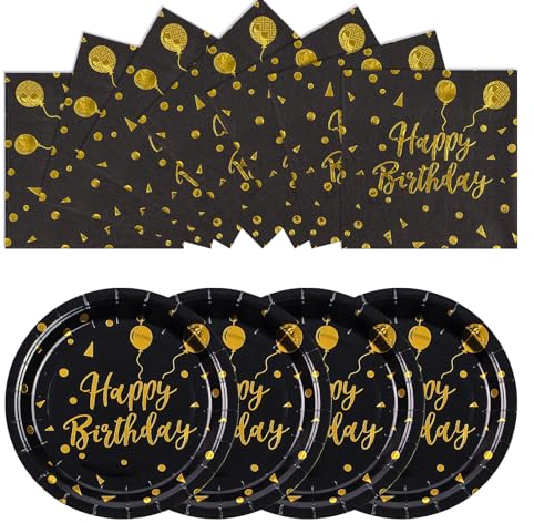 EVYIENEN 50PCS Happy Birthday Black Gold Paper Plates & Napkins Set, 25x7in Plates & 25x6.5in Napkins - Disposable Party Supplies for Wedding, Birthday, Graduation, Christmas