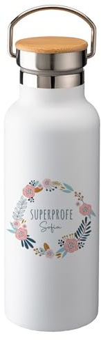 Genérico Botella Térmica Personalizada Super Profe Nombre Botellas de Agua Acero Inoxidable Tampón Ancho Bambú Doble Capa 500 ml Bebidas Frias y Calientes Regalo Profesor