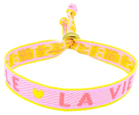 Selfmade Jewelry - Statement Festival Armband Stoff Armband Damen Stoffarmbänder in Pink für Festival Outfit Damen (LA VIE EST BELLE (Pink-Gelb)