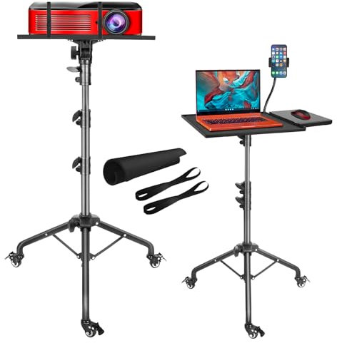 Misilmp Trípode para Proyector con Ruedas, Trípode para Laptop con Bandeja para Ratón y Soporte para Teléfono, Altura Ajustable 25 a 63 Soporte Trípode para Películas, Computadora, Equipo de DJ
