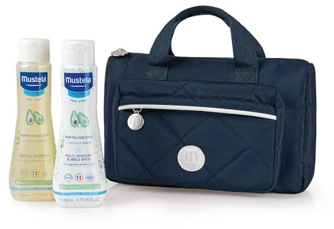 Mustela Vanity Set 2024, Borsa e Pochette con Prodotti Bagnetto Neonato, Corpo, Capelli, Cambio Pannolino, Neonati e Bambini - Fin Dalla Nascita, Idea Regalo Neonato (Colore Blu)