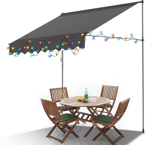 Eulenke Klemmmarkise 300 cm breit mit LED Beleuchtung, Markise ohne Bohren mit Handkurbel, UV-beständig, Sonnenschutz und Wasserdicht, Anthrazit