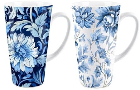 Purely Home Greek Floral Mugs Set - Blue & White Flowers Tall Latte Mugs Set of 2 - Ceramic Tea/Coffee Present Gift