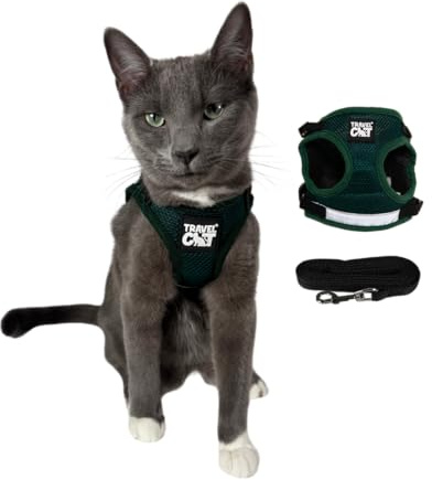 Travel Cat The Emerald Explorer Limited Edition Grünes Katzengeschirr – verstellbare Passform, Netz-Katzengeschirr und reflektierender Gurt – Komfort-ausbruchsicheres Geschirr für Katzen, Kätzchen