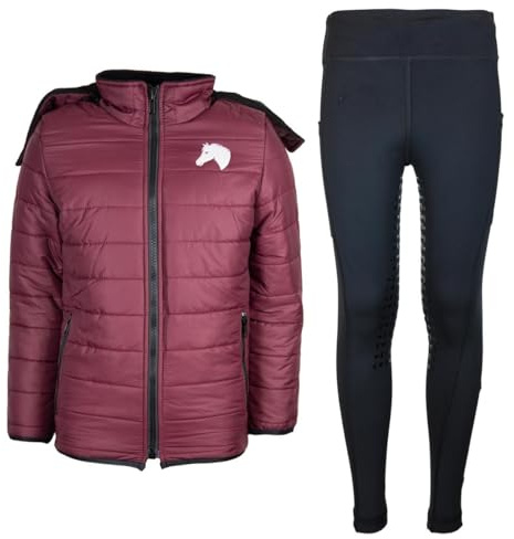 MS-Trachten Reitset Winter Kinder Reitjacke Moni Maroon gesteppt mit Silikon-Vollbesatz Reitleggings Schwarz