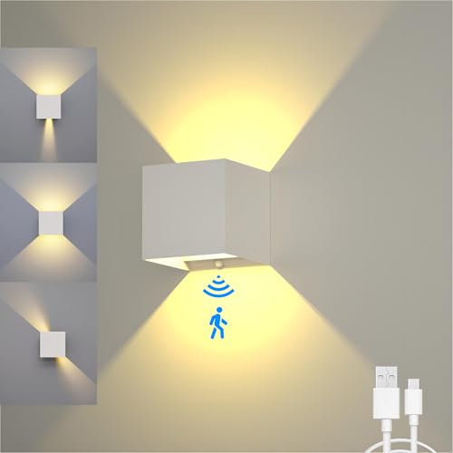 KwatTsz Wandlampe mit Bewegungsmelder, 6000mAh Wiederaufladbare Batteriebetriebene Wandlampen, Einstellbarer Lichtstrahl, Warmweiß Außenwandleuchte Für Innen, Aussen (weiß 1 Stück)
