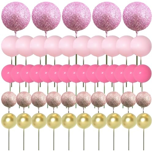 Ball Cake Topper Sticks Mini Balloons, 50pcs Ball Cake Sticks Mini Pink Cake Balls, Decorating Supplies Foam Balls Decorations for Birthday Party Decor(Rose red)