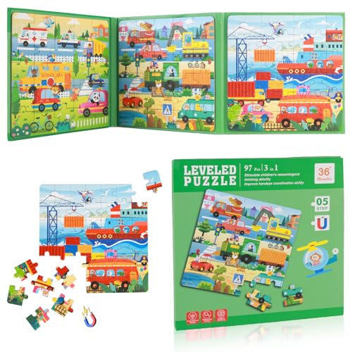 97 Teilige Magnetpuzzle, 3-in-1 Magnet Puzzle, Stadtverkehr Magnetische Puzzle, Reisespiele Magnet Spiel für Kinder Magnetspiel ab 3 Jahre Kindergeburtstag Geschenke